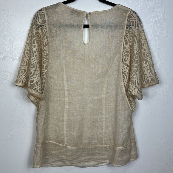 Azucar Beige Linen Lace Detailing Short Sleeve Top Blouse Size M - Picture 3 of 6